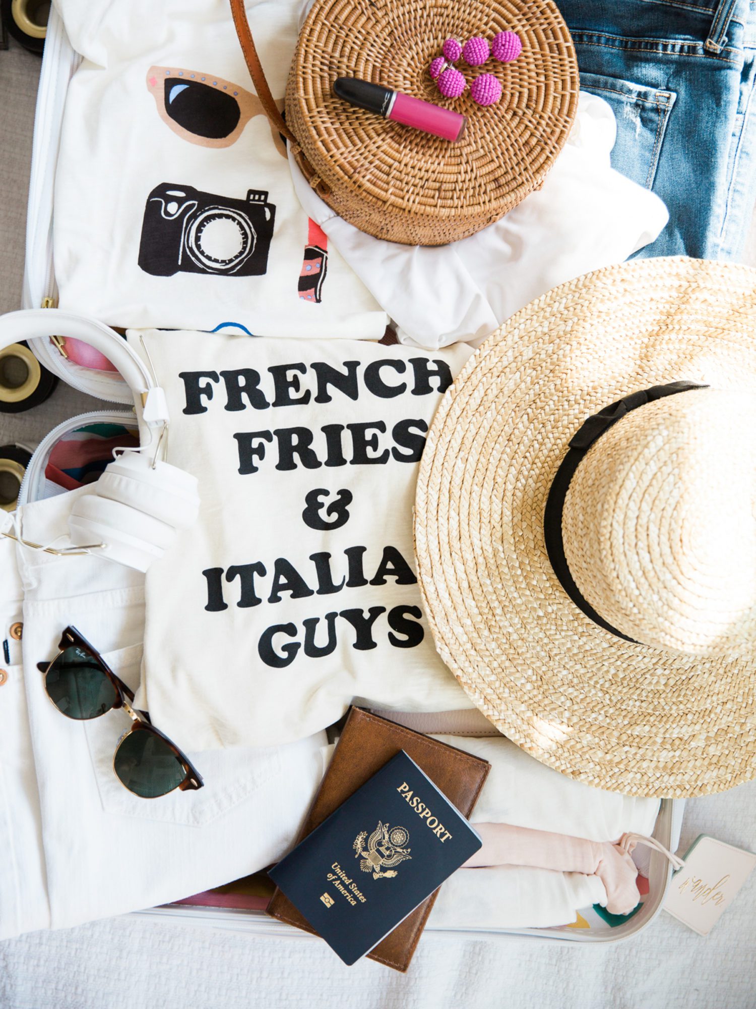 Sunglasses, sun hat, passport, and shirt